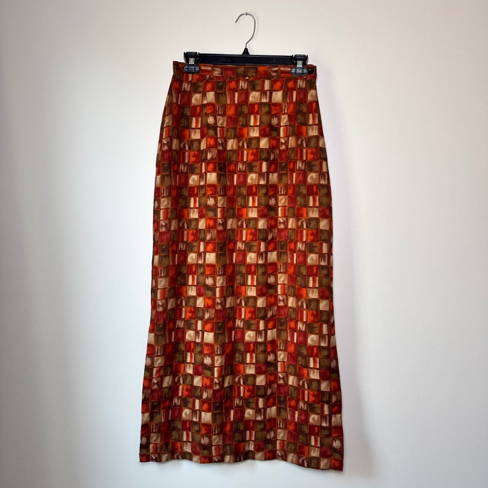Vintage 90s Geometric Maxi Skirt Earthy Boho Y2K Rust Brown